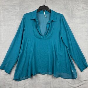 Free People Teal Chiffon Pleated V Neck‎ Long Sleeve Tunic Blouse Top S